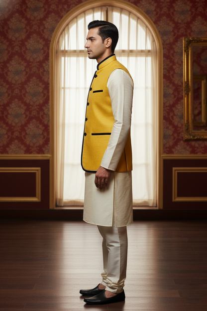 Men’s Yellow Nehru Jacket with Black Piping | Designer Ethnic Waistcoat