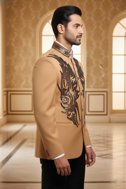Men'sBeige Embellished Bandhgala Jacket