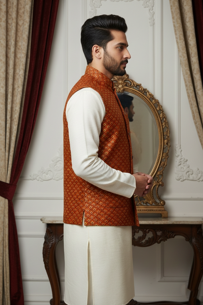 Men’s Rust Jacquard Nehru Jacket with Ivory Kurta  Pajama