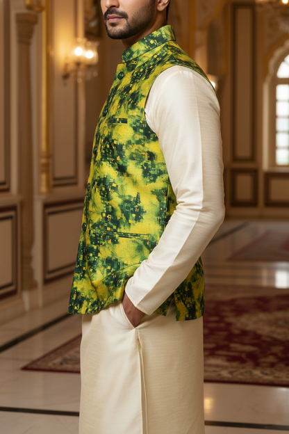 Title: Abstract Verve: The Contemporary Lime and Emerald Nehru Ensemble