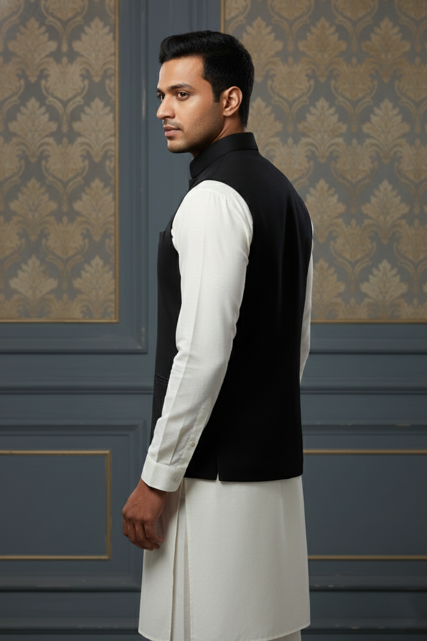 Classic Black Nehru Jacket with Cream Kurta Set