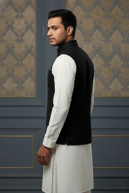 Classic Black Nehru Jacket with Cream Kurta Set