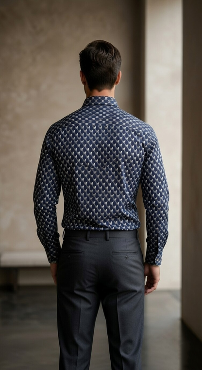 Designer Men'sGeometric Hexagon Print Shirt , Navy & Slate 3D Optical Motif