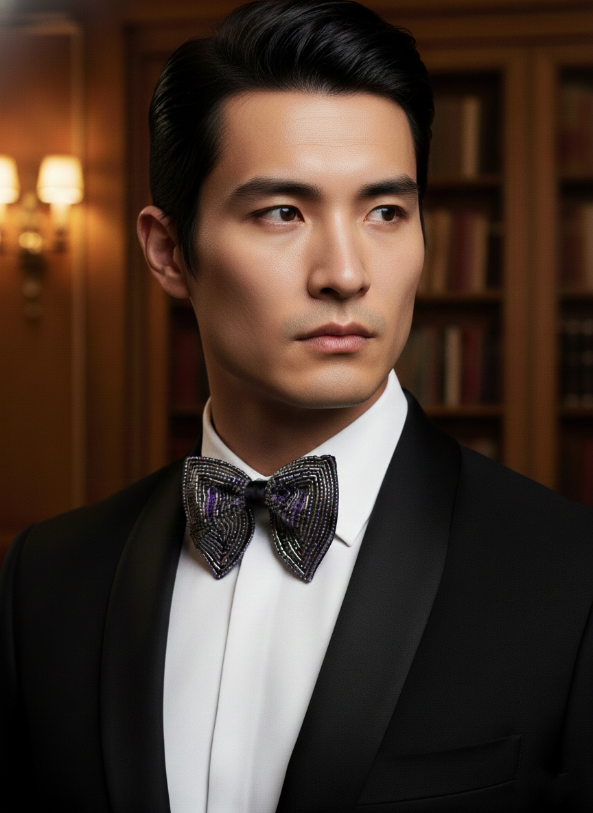 Hand-Beaded Silver & Purple Butterfly Bow Tie