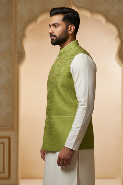 Men’s Dark Green Nehru Jacket with Textured Fabric | Ethnic Waistcoat