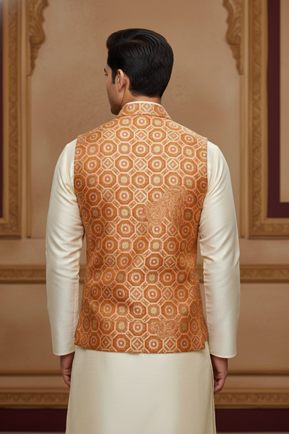 Men's Royal Red Geometric Print Nehru Jacket – Premium Silk-Finish Ethnic Waistcoat for Weddings & Festivals