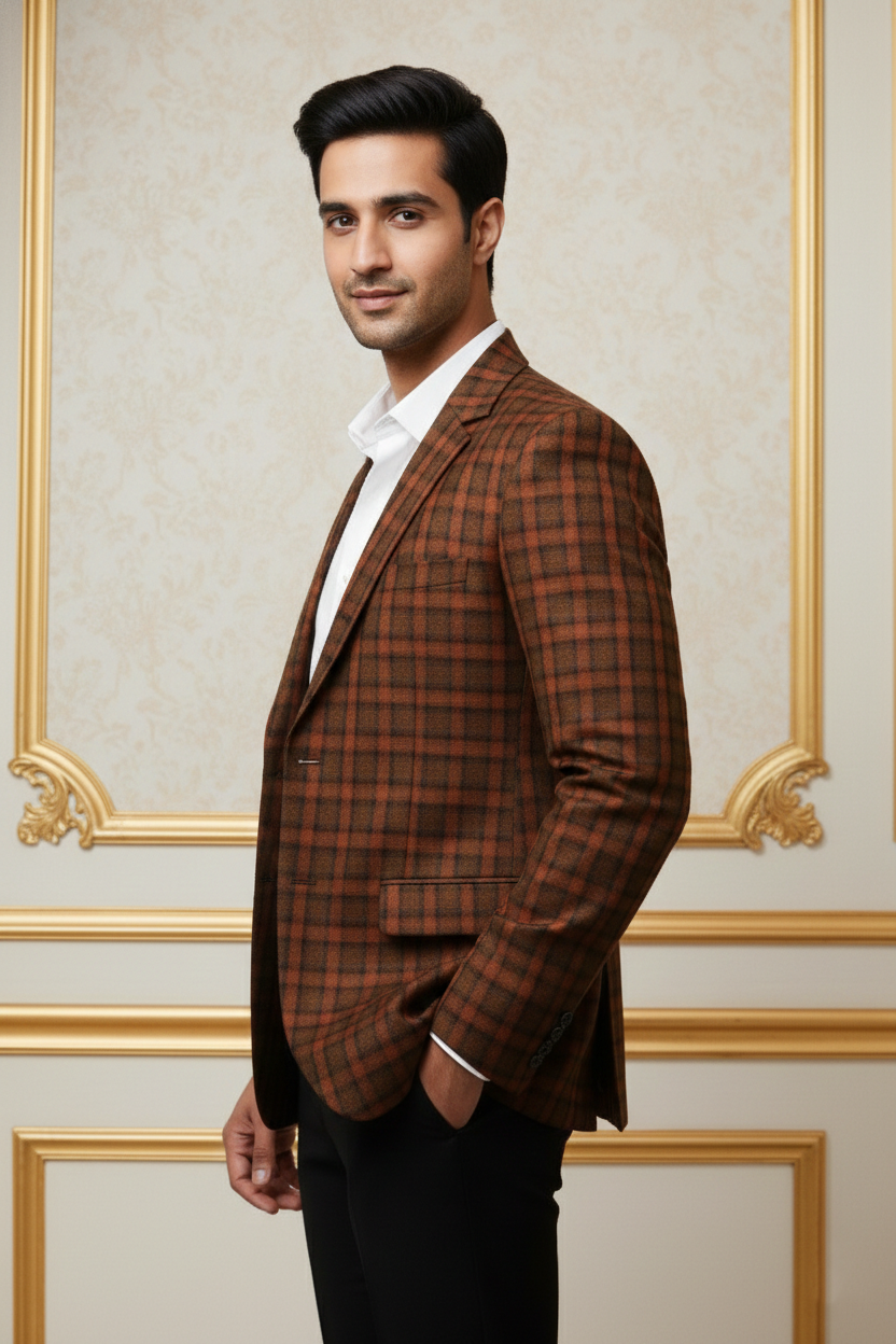 Men'sPremium Rust Orange & Black Checkered Blazer , Slim-Fit Textured Formal Sport Coat