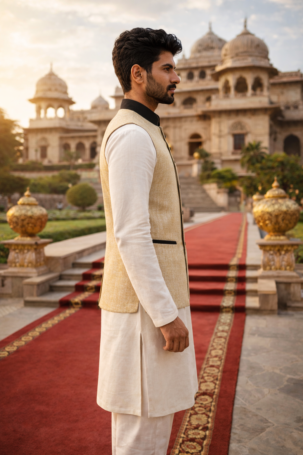 Product Title: Men’s Premium Khadi Textured Beige Nehru Jacket with Contrast Black Detailing