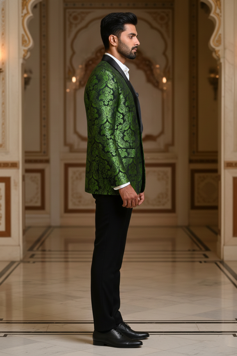 Emerald Green Damask Brocade Tuxedo Jacket