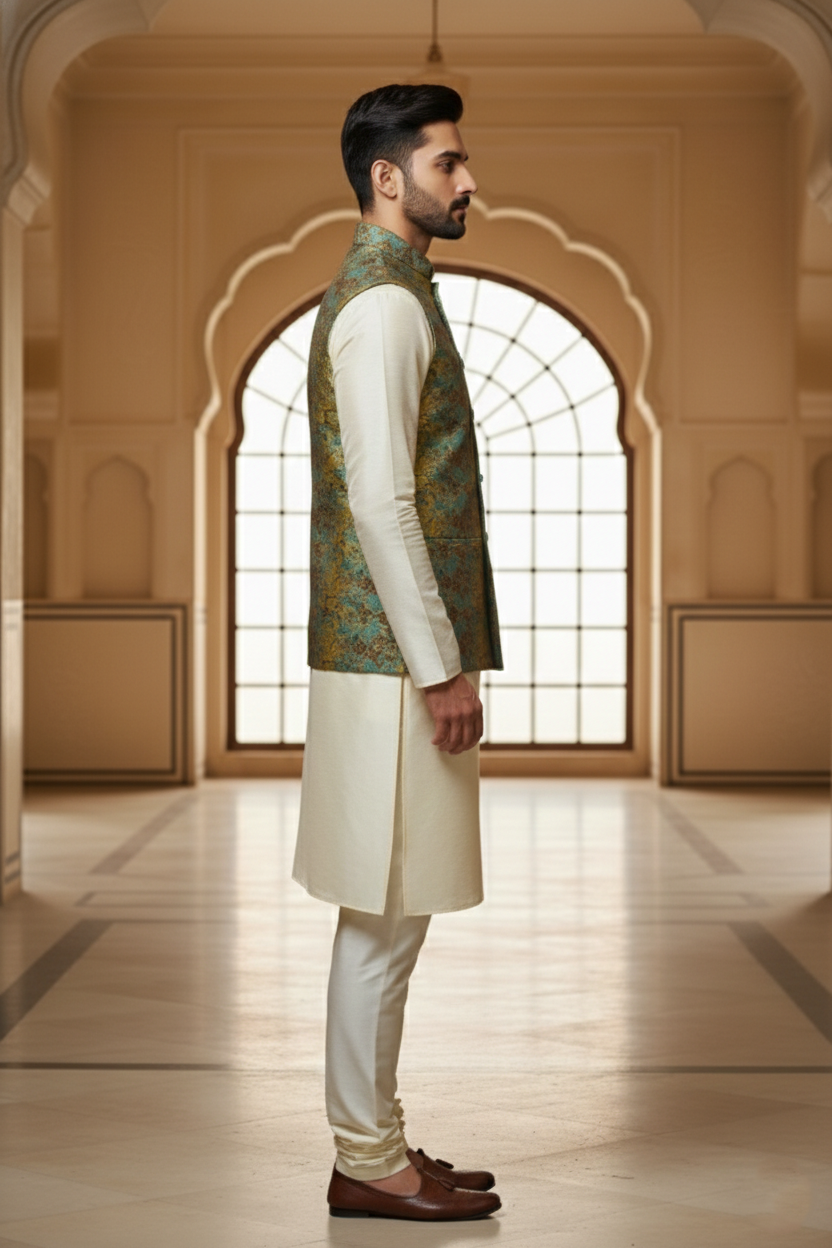 Men’s Teal Printed Nehru Jacket Kurta Pajama