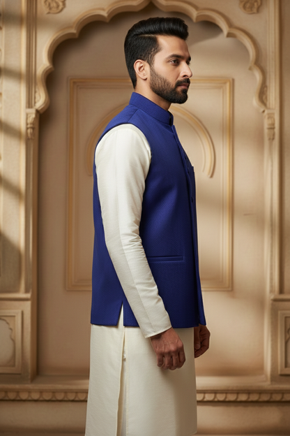 Royal Blue Nehru Jacket with Cream Kurta Set