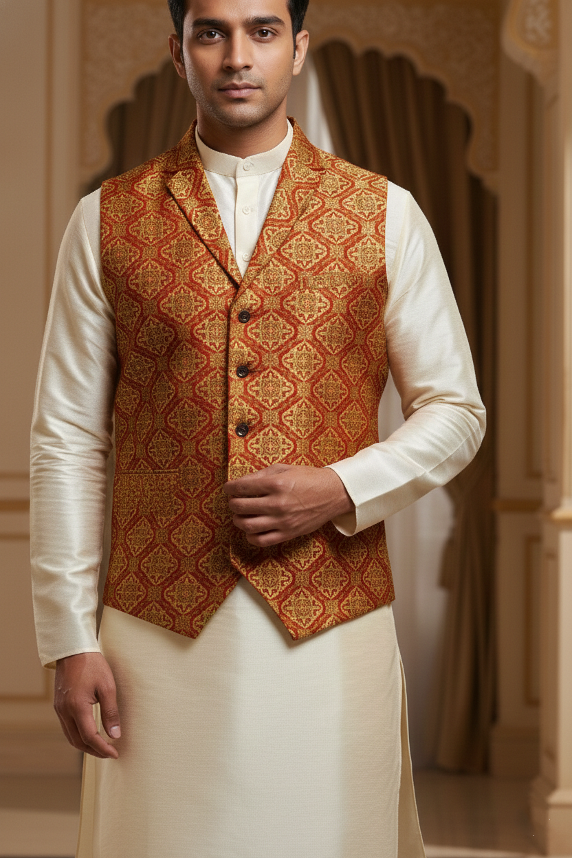 Men’s Red & Yellow Jacquard Silk Waistcoat with Notch Lapel | Slim Fit Festive Vest