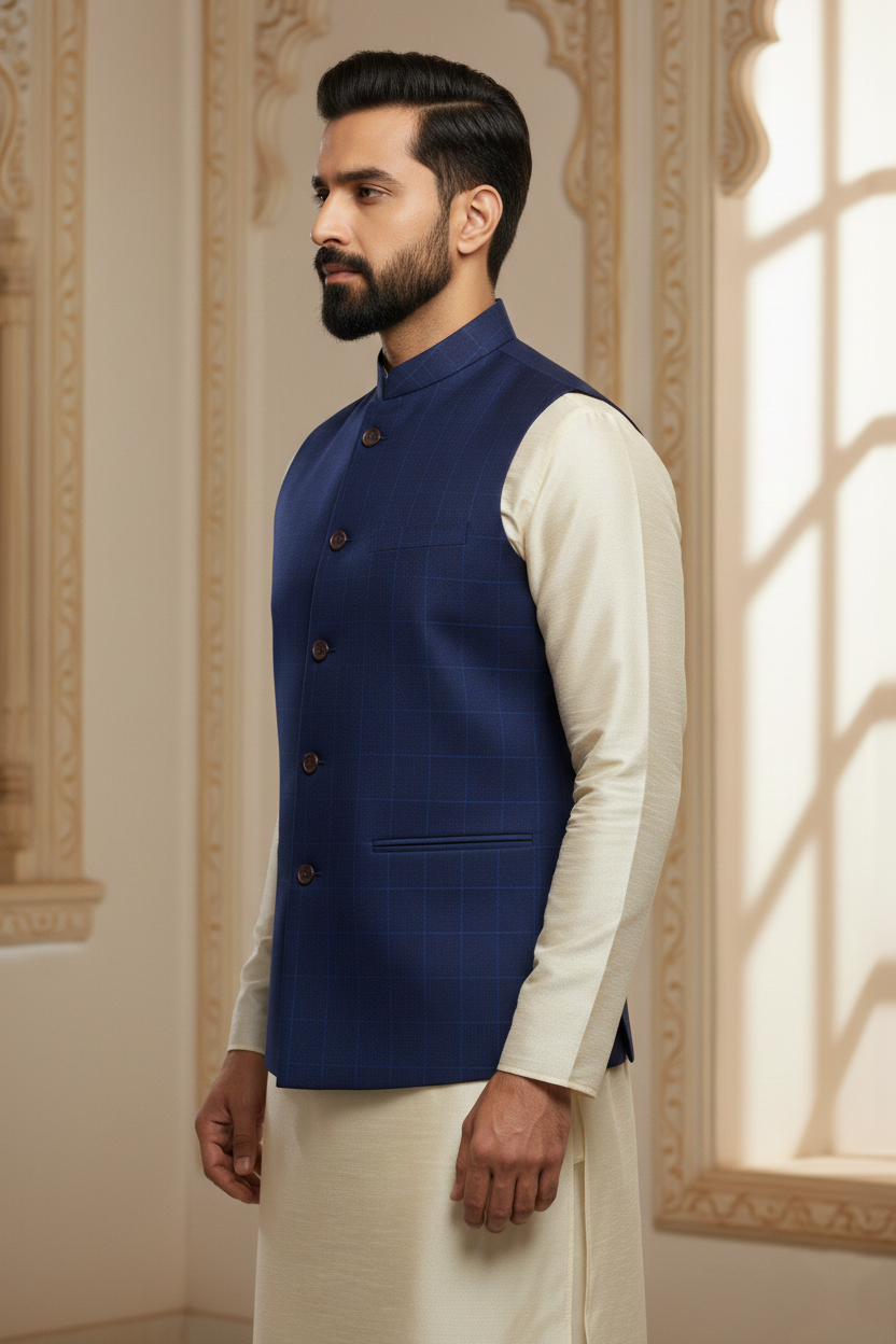 Men's Royal Blue Windowpane Check Nehru Jacket – Classic Slim Fit Ethnic Waistcoat for Weddings & Semi-Formal Events