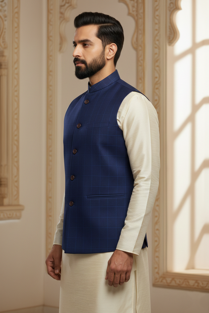 Men's Royal Blue Windowpane Check Nehru Jacket – Classic Slim Fit Ethnic Waistcoat for Weddings & Semi-Formal Events