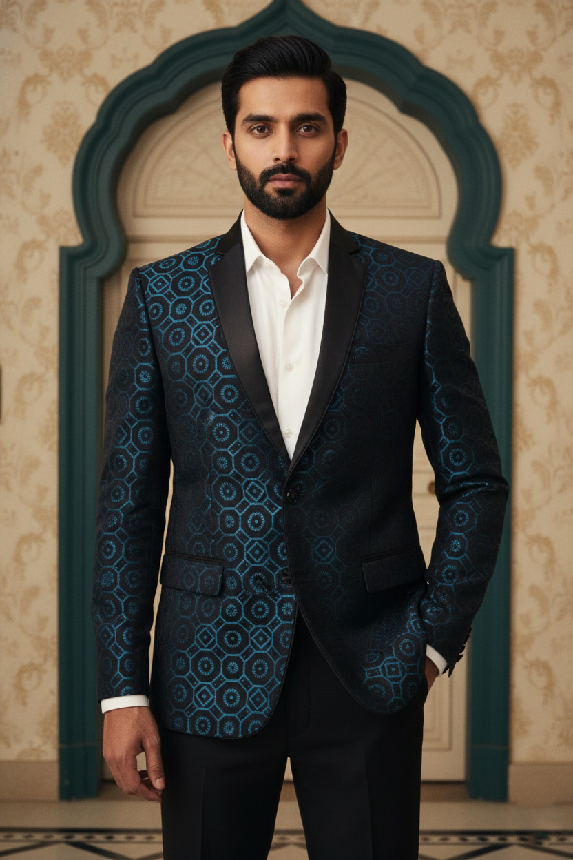 Men'sDesigner Teal & Black Geometric Jacquard Tuxedo Blazer , Premium Ethnic Evening Wear