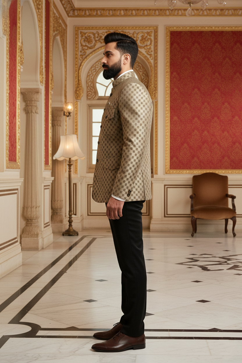Men's Premium Gold Jacquard Jodhpuri Safari Jacket