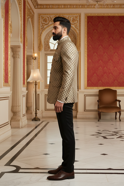 Men's Premium Gold Jacquard Jodhpuri Safari Jacket