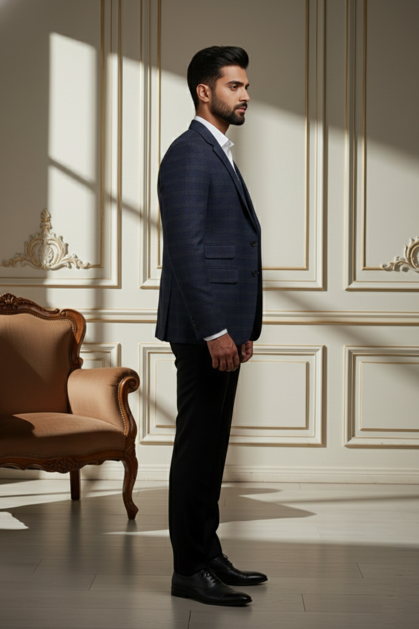 Men'sNavy Blue Micro-Check Tailored Blazer