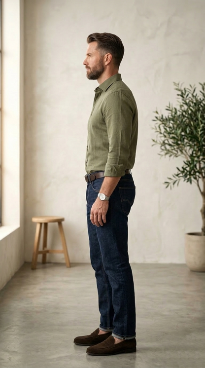 Men'sPremium Linen-Blend Button-Down Shirt in Olive Drab