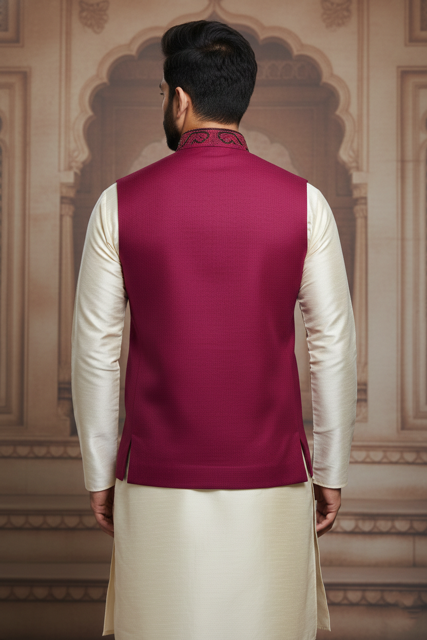 Men’s Wine Embroidered Nehru Jacket with Ivory Kurta