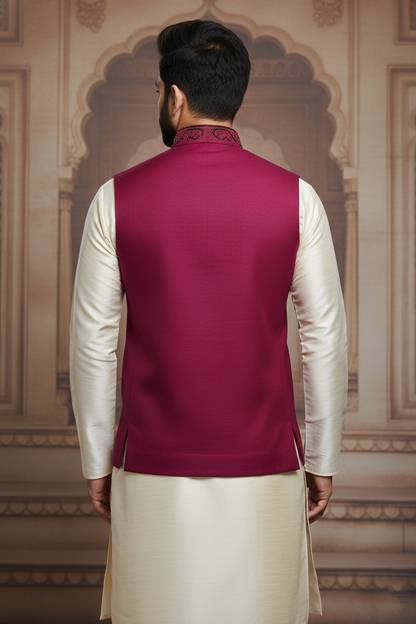 Men’s Wine Embroidered Nehru Jacket with Ivory Kurta