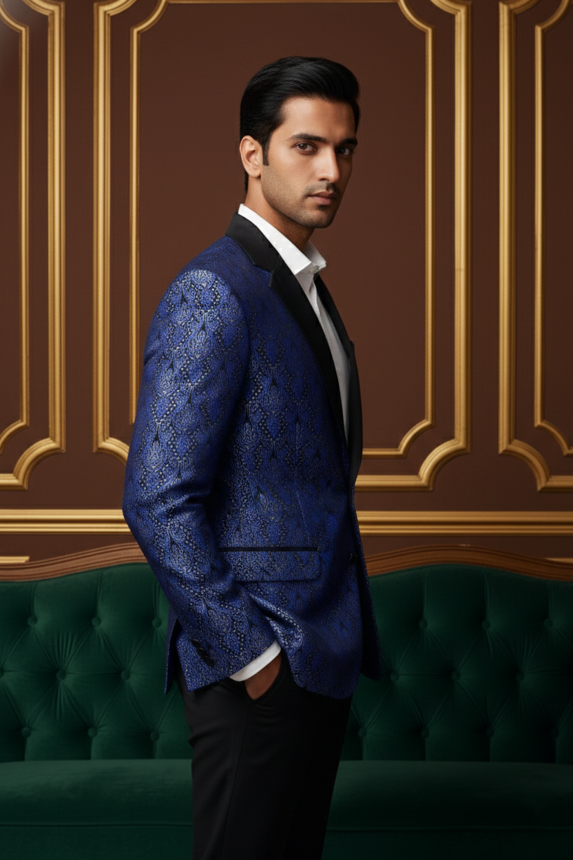 Royal Blue Jacquard Tuxedo Blazer with Satin Peak Lapels