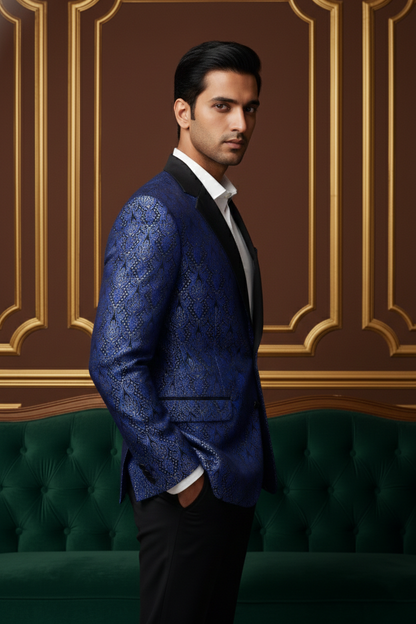 Royal Blue Jacquard Tuxedo Blazer with Satin Peak Lapels