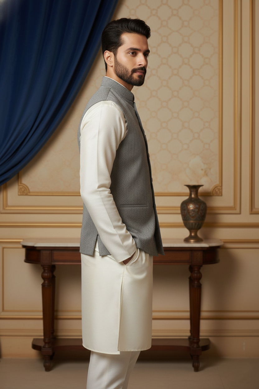 Men’s Grey Textured Nehru Jacket & Cream  Kurta Set