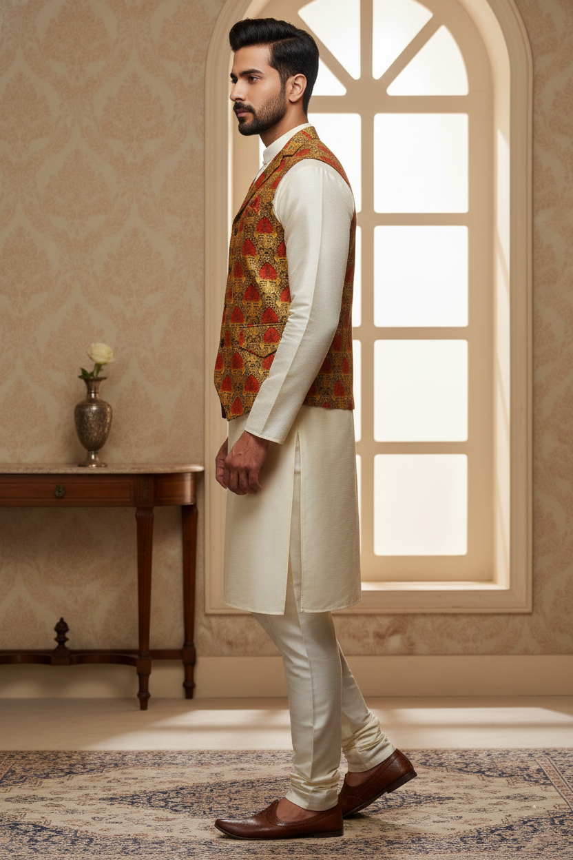 Men's Mustard Gold and Crimson Jacquard Waistcoat – Notch Lapel Brocade Nehru Jacket with Heritage Motif Print