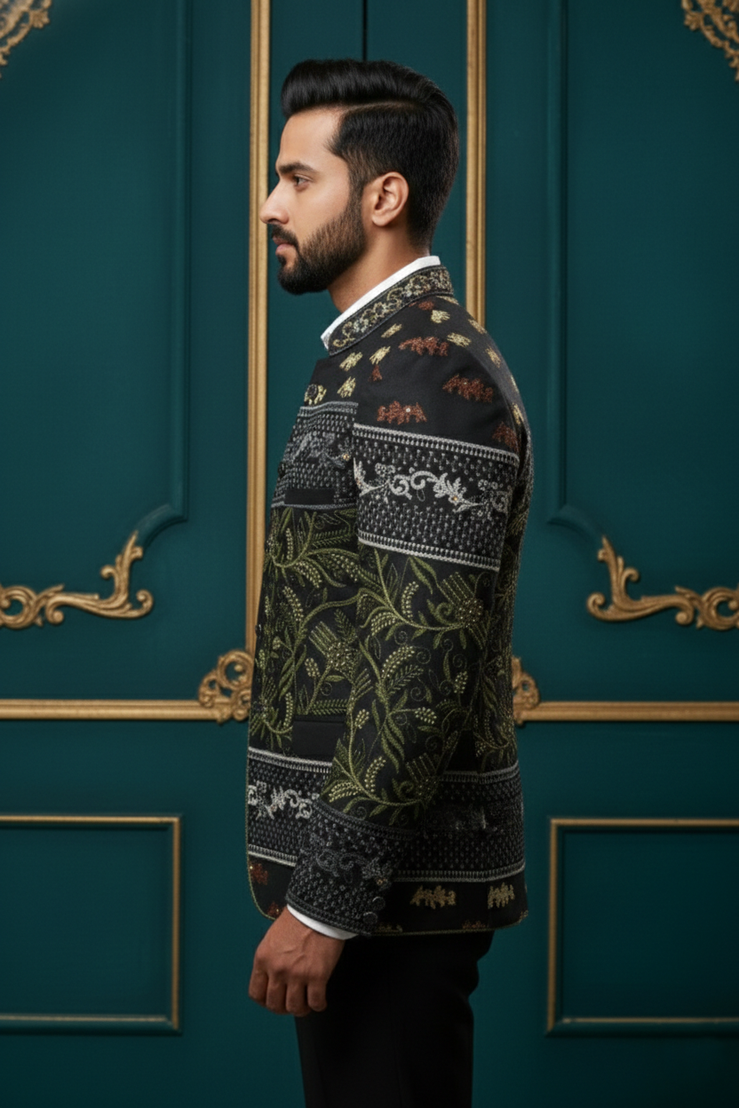 Designer Black Embroidered Bandhgala Blazer , Floral & Wildlife Motif Men's Ethnic Jacket