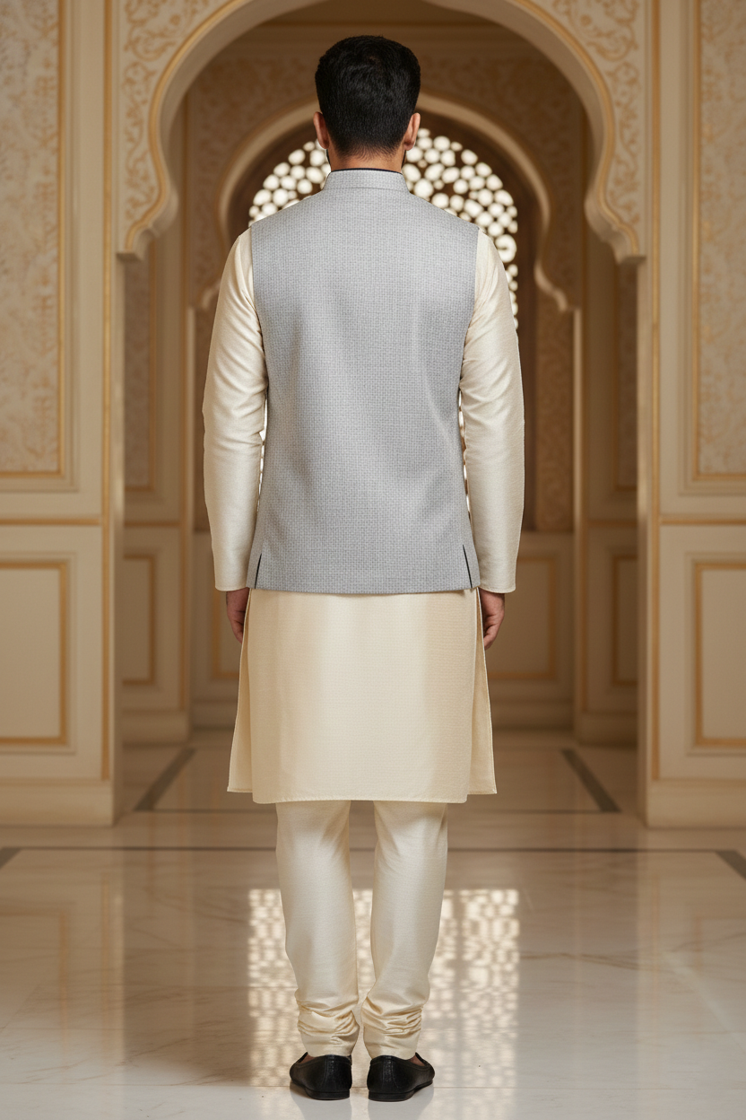 Light Grey Nehru Jacket with Cream Kurta Set