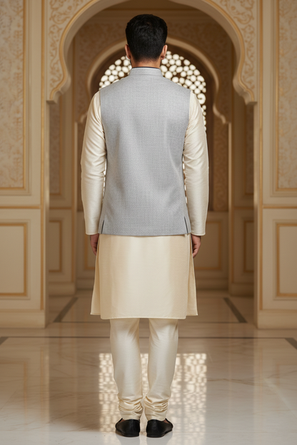Light Grey Nehru Jacket with Cream Kurta Set