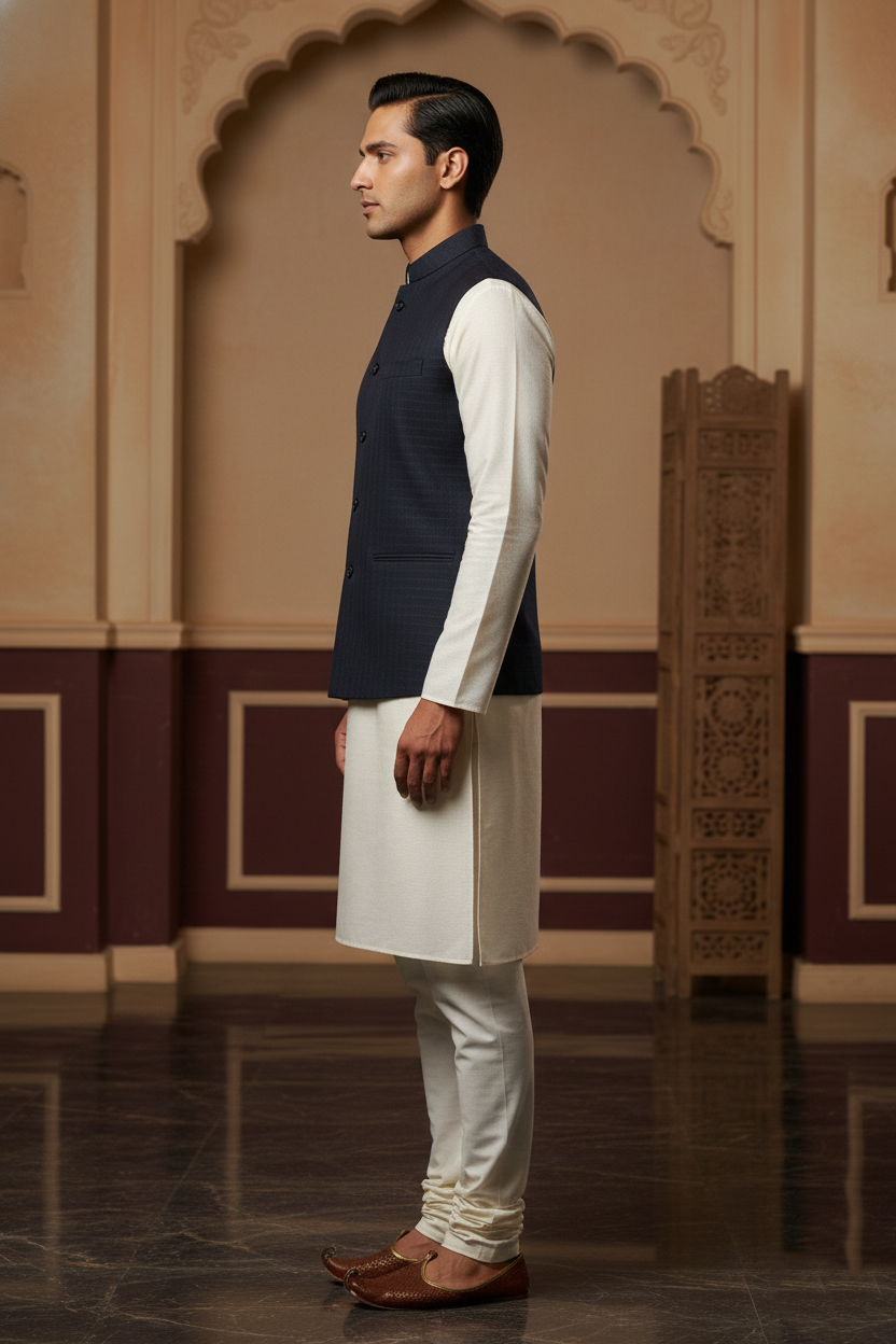 Men’s Navy Blue Nehru Jacket with White Contrast Lining | Ethnic Waistcoat