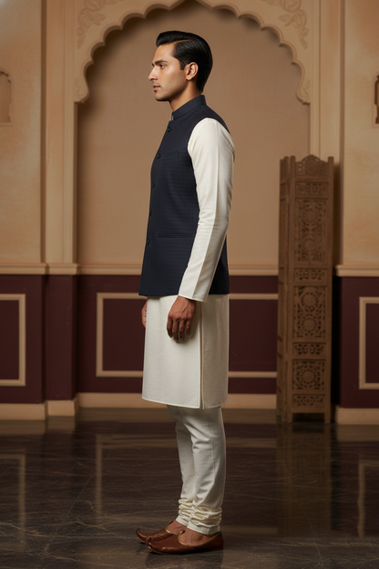 Men’s Navy Blue Nehru Jacket with White Contrast Lining | Ethnic Waistcoat