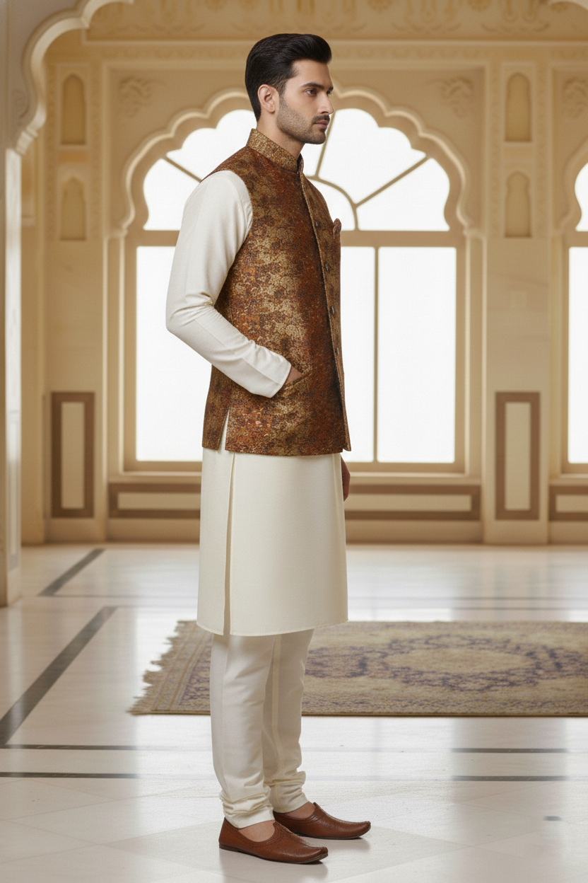 Men’s Brown Printed Nehru Jacket Kurta  Pajama