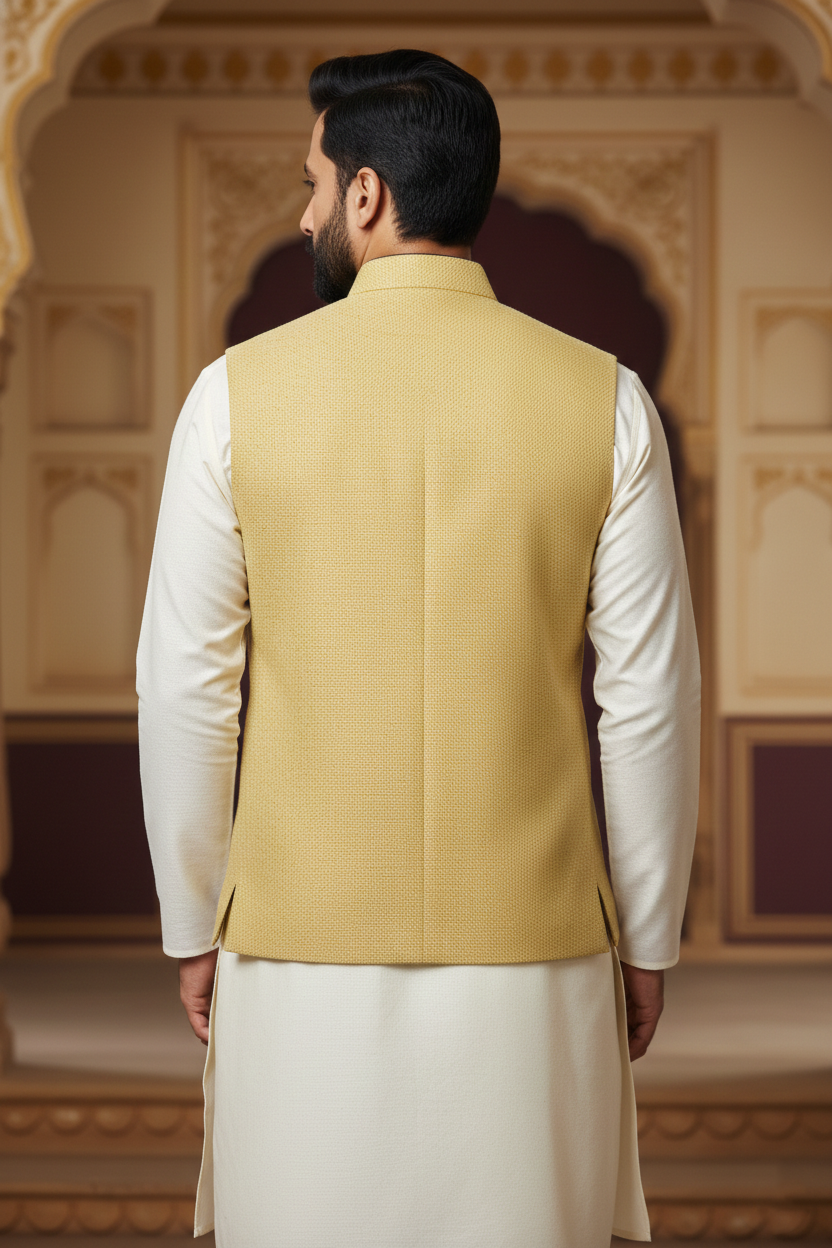 Mustard Nehru Jacket with Black Piping & Cream  Kurta Set
