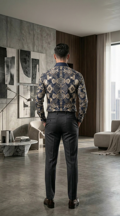 Designer Men'sBaroque Floral Print Shirt , Navy & Gold Botanical Geometric Motif