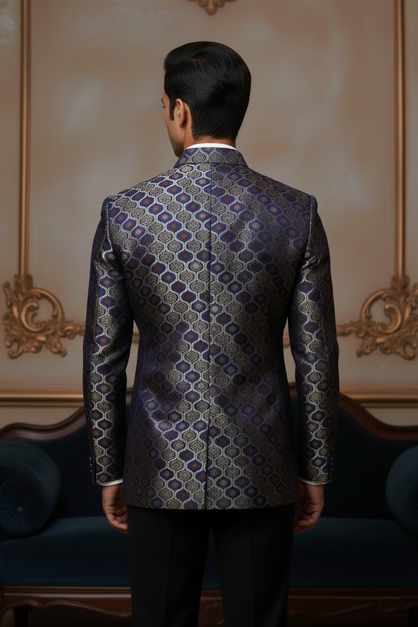 Men'sRoyal Blue & Gold Banarasi Brocade Jodhpuri Blazer , Luxury Ethnic Evening Wear
