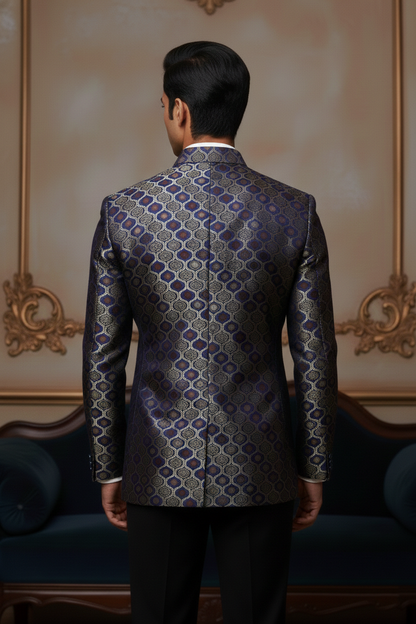 Men'sRoyal Blue & Gold Banarasi Brocade Jodhpuri Blazer , Luxury Ethnic Evening Wear