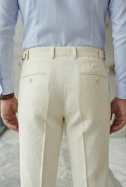 Men'sCream Textured Linen-Blend Side-Tab Trousers