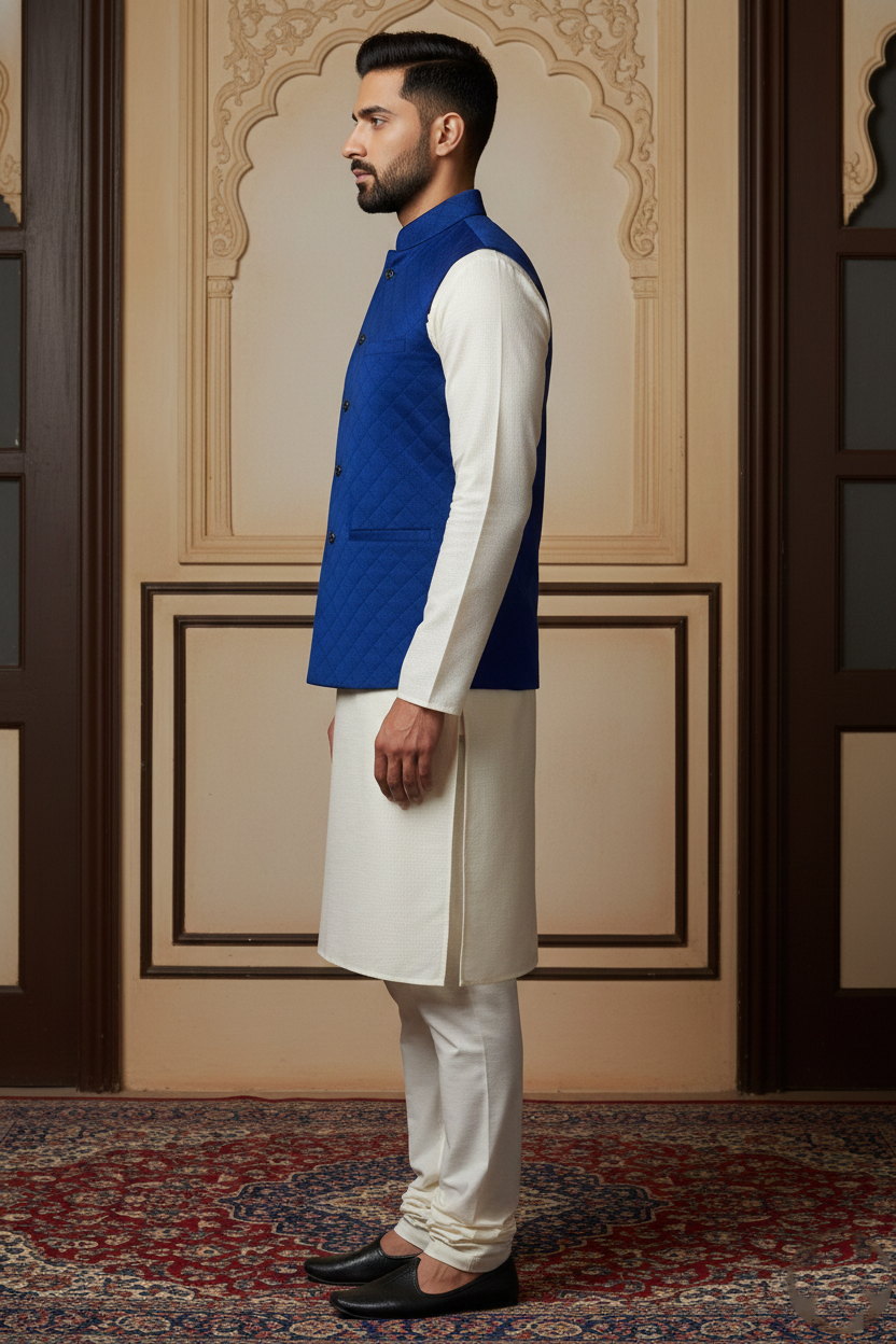 Men’s Royal Blue Quilted Velvet Nehru Jacket