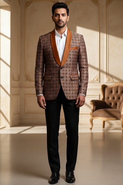 Men'sRust & Gold Geometric Jacquard Tuxedo Blazer with Copper Satin Shawl Lapel