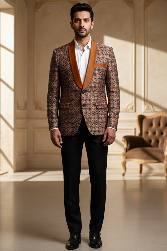 Men'sRust & Gold Geometric Jacquard Tuxedo Blazer with Copper Satin Shawl Lapel