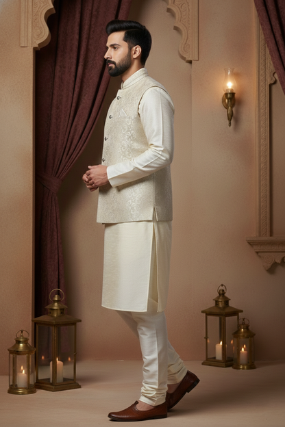 Men’s White Nehru Jacket with Silver Touch Work | Ethnic Waistcoat
