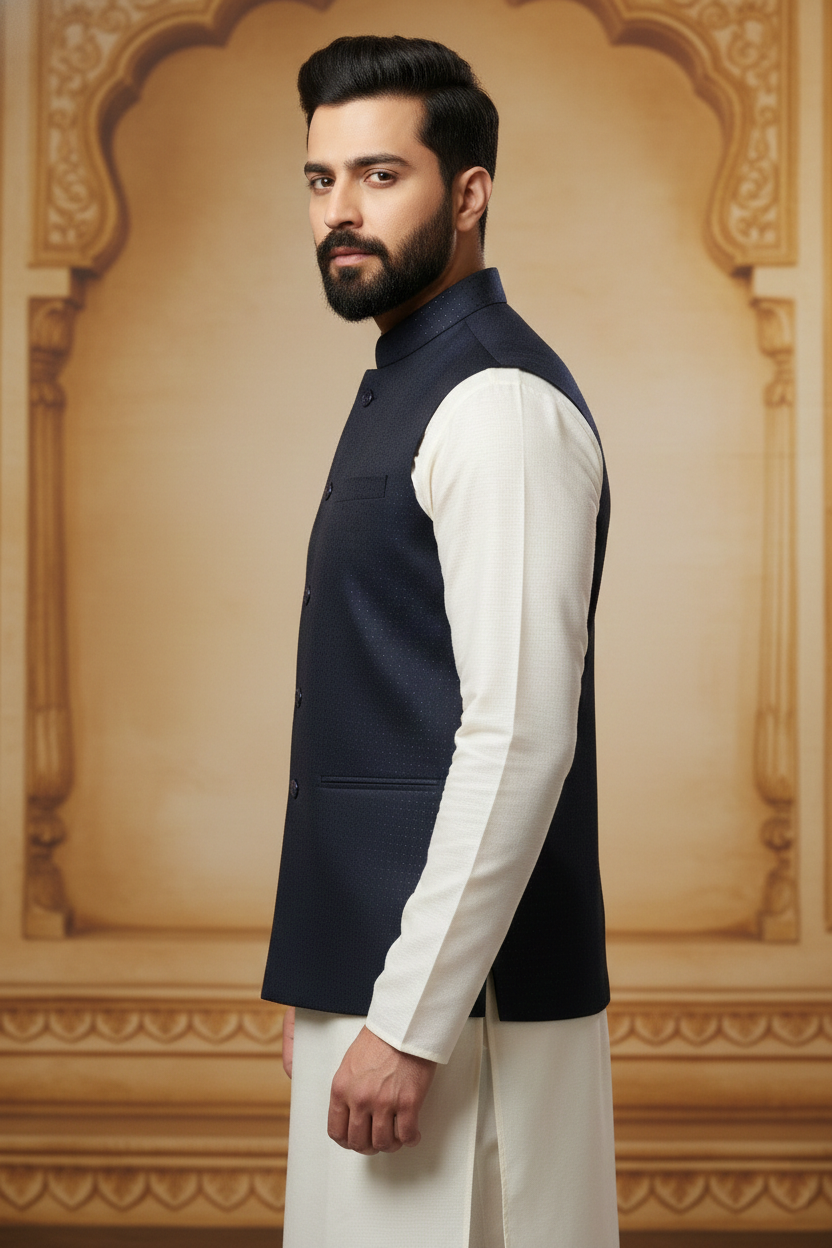 Navy Blue Sleeveless Nehru Jacket with Cream  Kurta Set