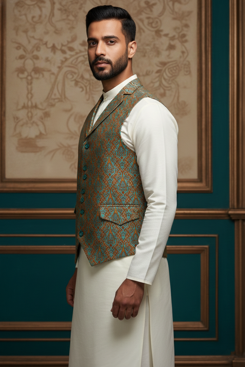 Men’s Royal Blue Nehru Jacket with Orange Thread Work | Ethnic Festive Waistcoat for Weddings &amp; Parties