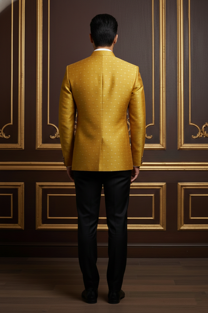 Men's Mustard Yellow Woven Jacquard Bandhgala Blazer , Premium Silk Blend Ethnic Jodhpuri Suit.