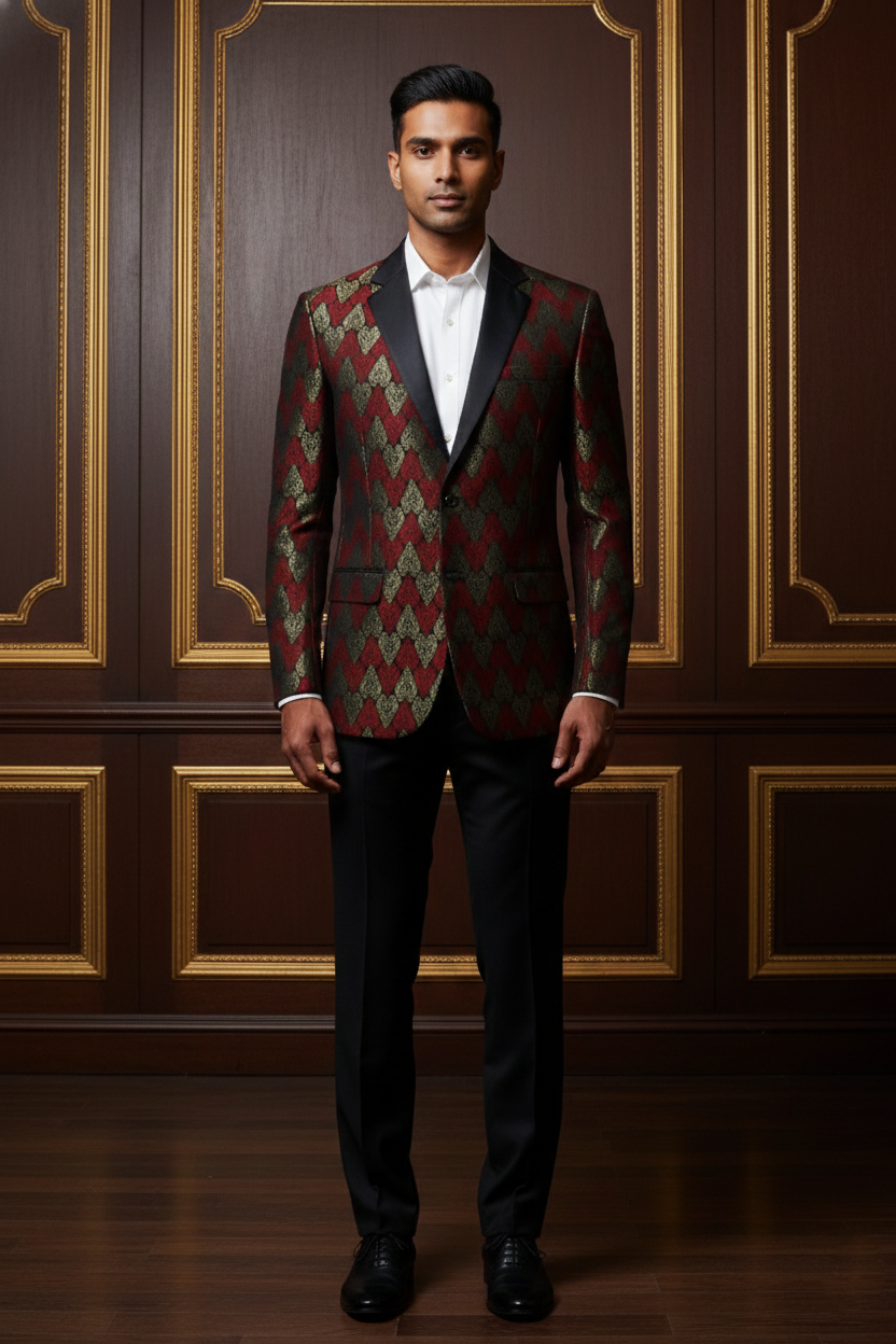 Men's Premium Maroon & Gold Brocade Tuxedo Blazer , Slim Fit Jacquard Party Wear Dinner Jacket