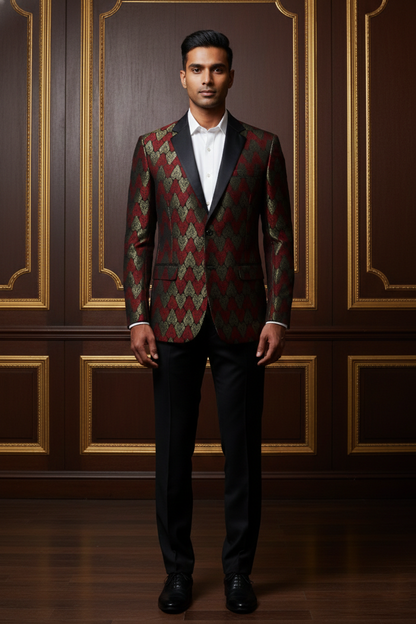 Men's Premium Maroon & Gold Brocade Tuxedo Blazer , Slim Fit Jacquard Party Wear Dinner Jacket