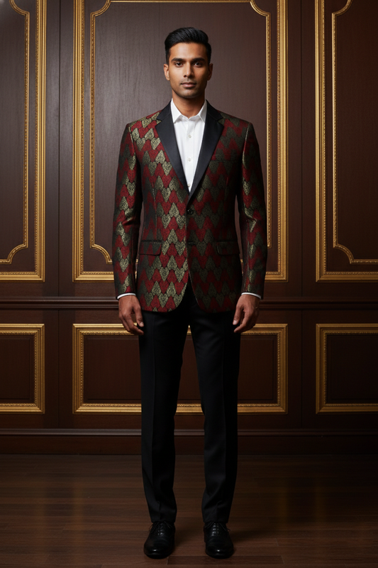 Men's Premium Maroon & Gold Brocade Tuxedo Blazer , Slim Fit Jacquard Party Wear Dinner Jacket
